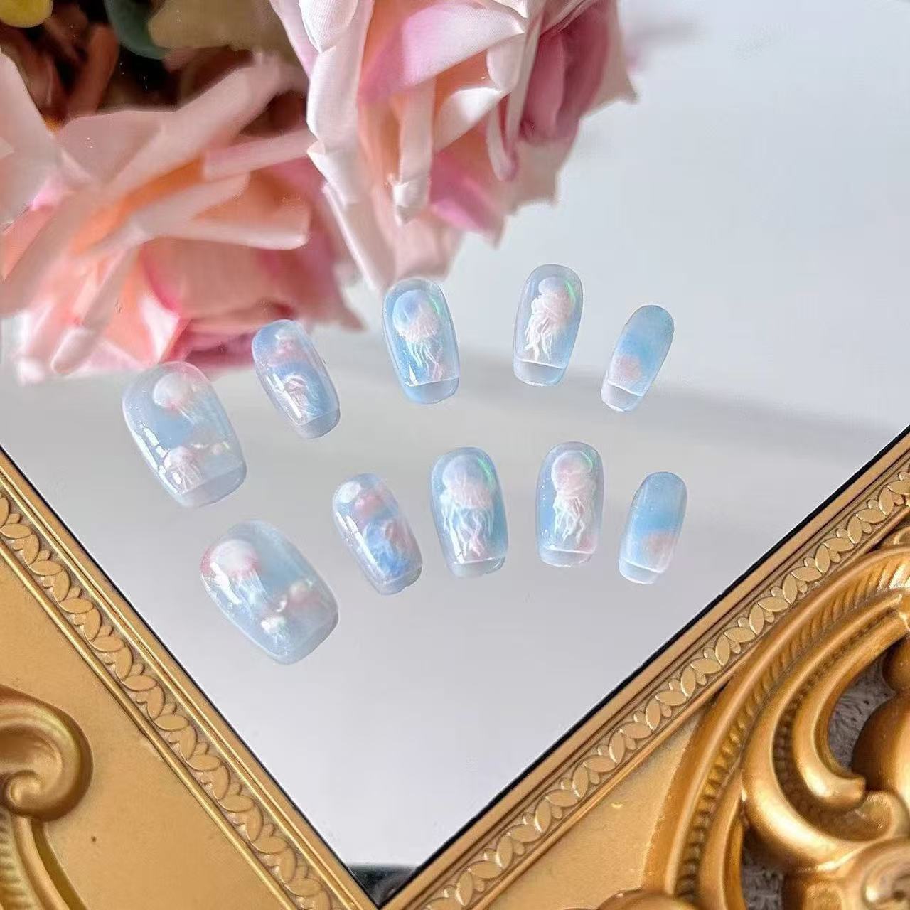 10 Buah Kuku Palsu Biru Kawaii - Nail Art Emerald ulasan dan harga
