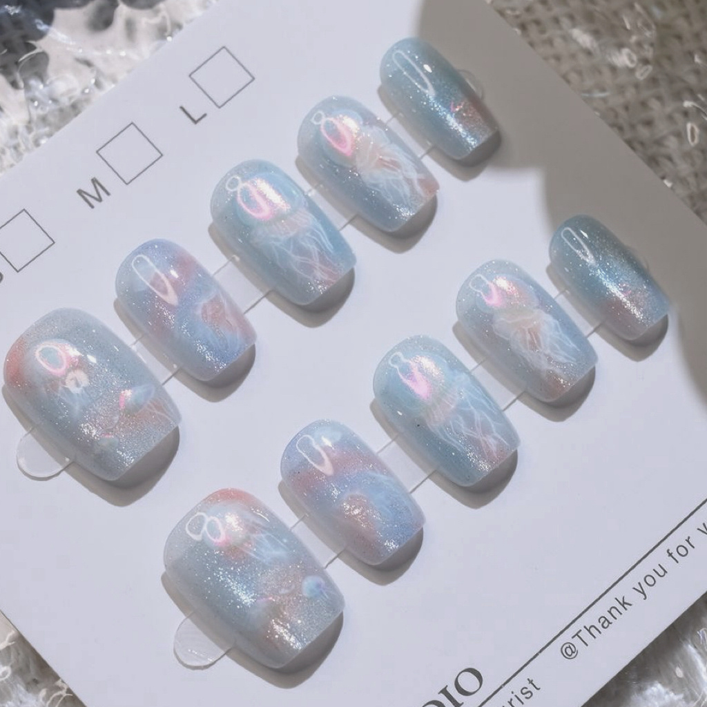 10 Buah Kuku Palsu Biru Kawaii - Nail Art Emerald ulasan dan harga